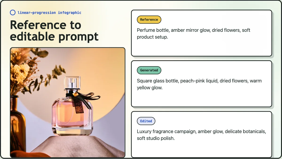 Reference image transformed into a generated prompt draft and a shorter edited prompt