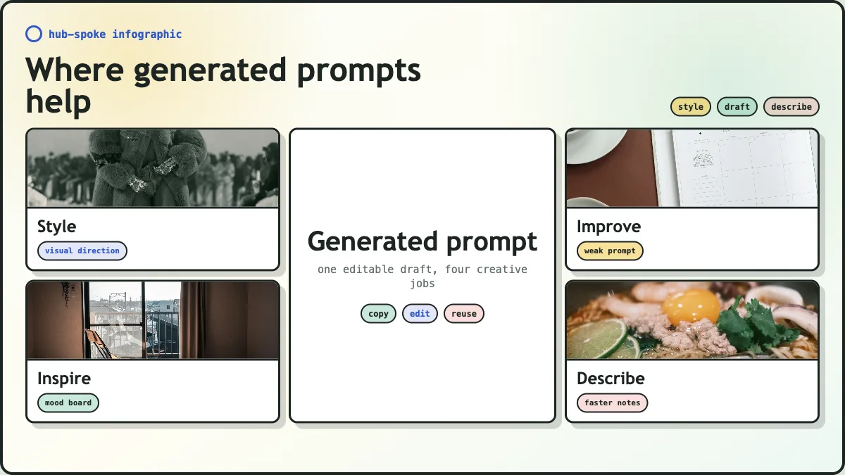 Four visual use cases for generated image prompts: style, improve, inspire, and describe